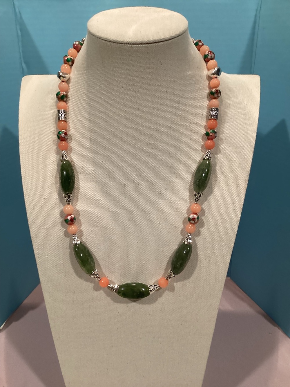 Artisan Crafted Green and Peach Beaded Necklace - Elegant Statement Jewelry
